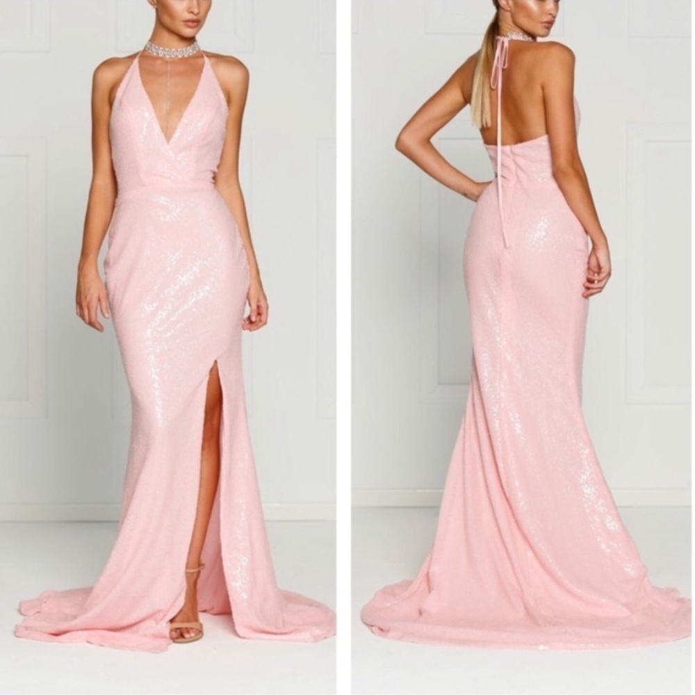 Alamour The Label A&N Luxe Halter V Neck Pink Sequin Long A-line Formal Gown NWT